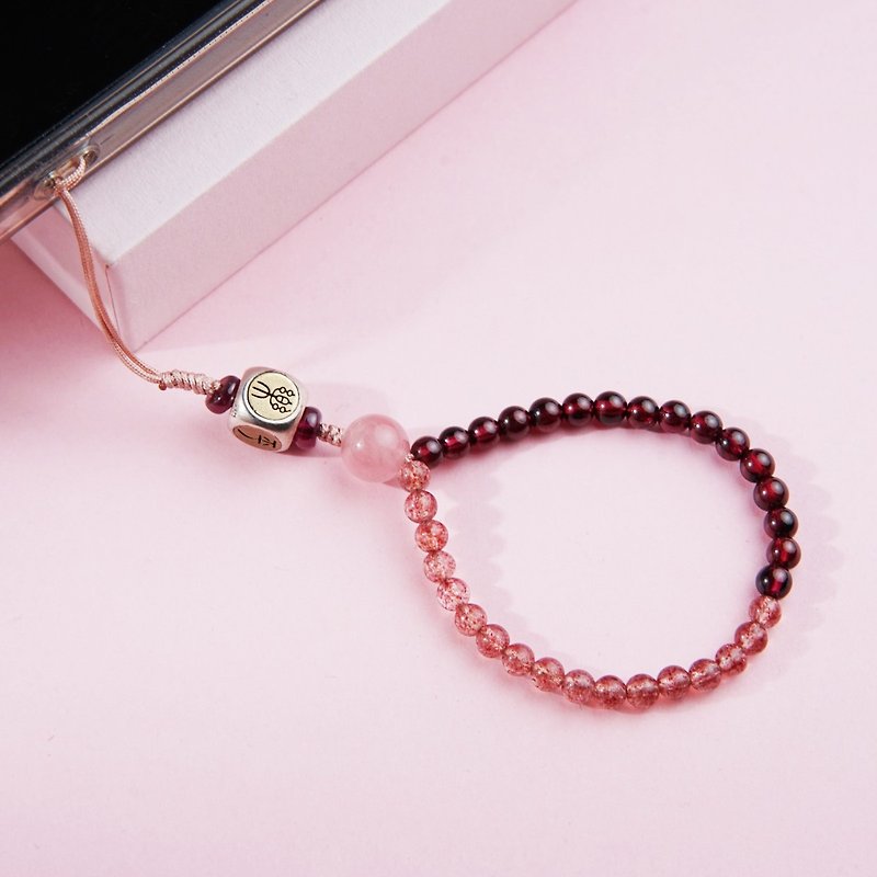 Five elements belong to fire natural strawberry crystal Stone s925 Silver peace joy ring chain anti-lost mobile phone chain lanyard - Lanyards & Straps - Semi-Precious Stones 