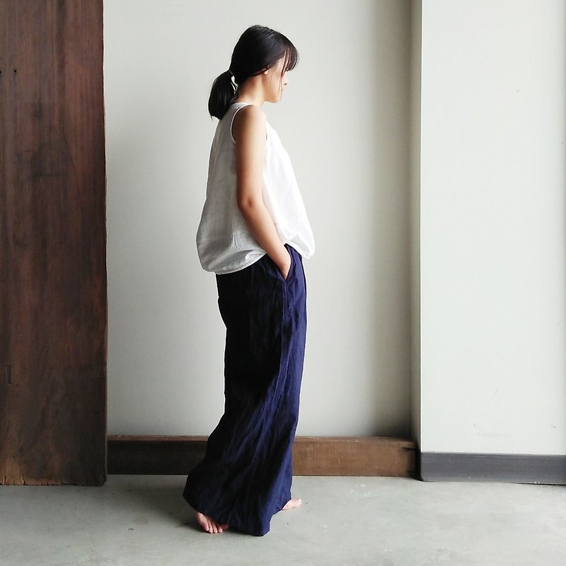 Linen Single Fold Wide Pants Linen Dark Blue/Colors Available - กางเกงขายาว - ผ้าฝ้าย/ผ้าลินิน สีน้ำเงิน