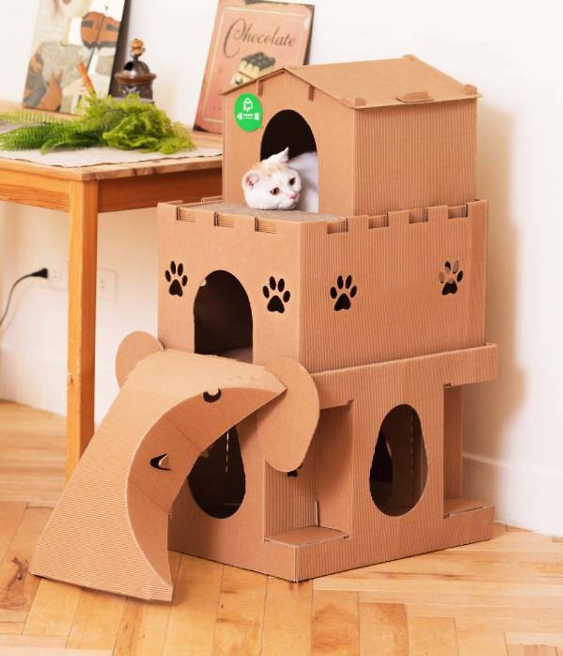 喵屋【喵的移動城堡】三層貓屋組合 貓屋 貓抓板 - 貓/狗玩具 - 紙 咖啡色