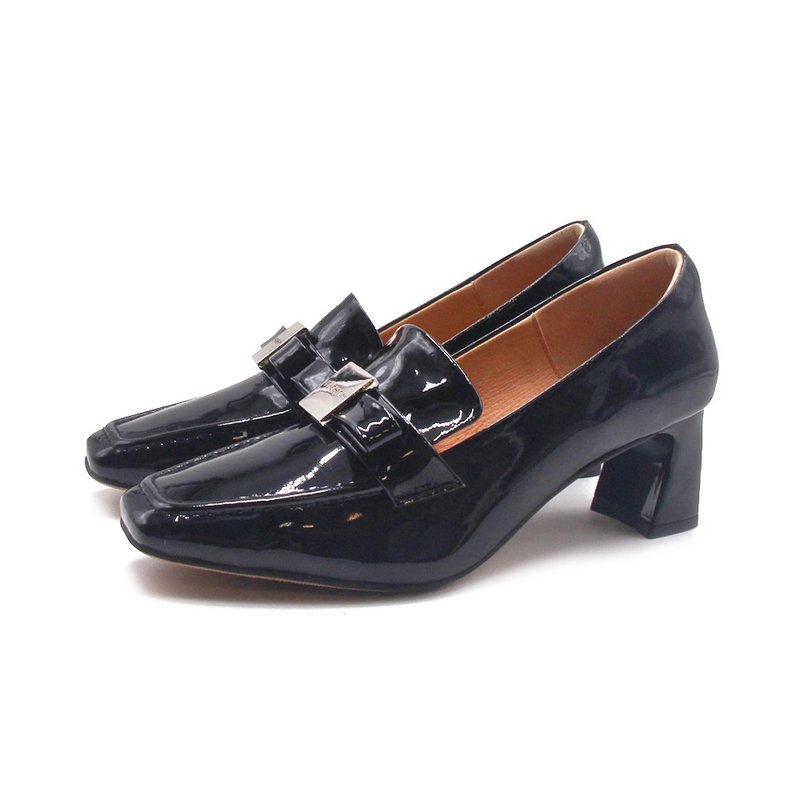 W&M square toe patent leather mid-heeled shoes for women - black - High Heels - Genuine Leather 