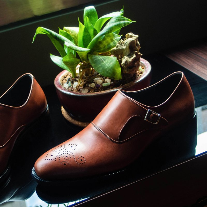 REGENT Single Buckle Carved Monk Shoes- Brown/ Medallion Single Monk Strap-Tan - Men's Leather Shoes - Genuine Leather Orange