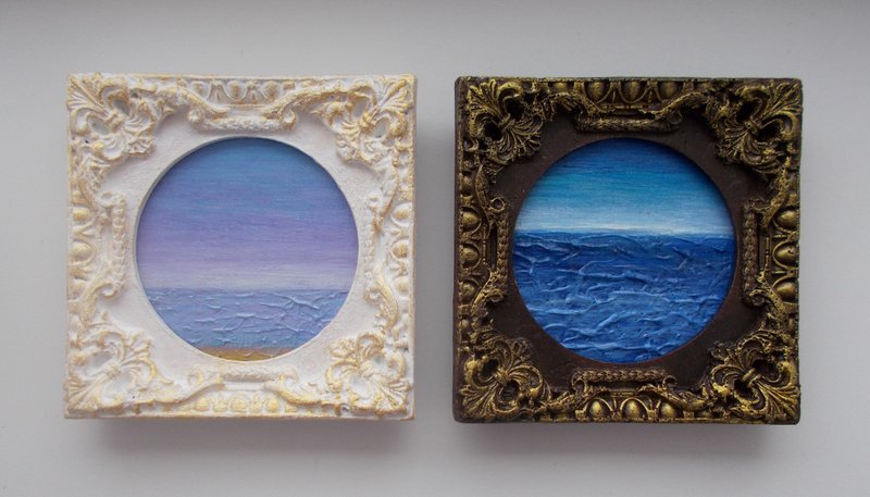 Set of 2 painting seaskape Framed painting Original textured painting Mini art - ตกแต่งผนัง - วัสดุอื่นๆ หลากหลายสี