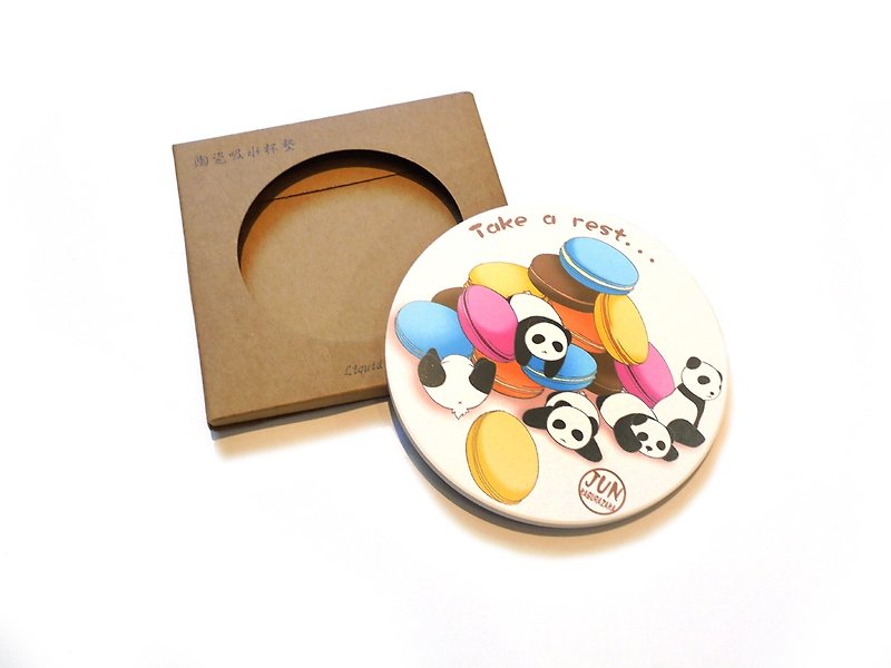 熊貓陶瓷吸水杯墊~甜點系列~馬卡龍熊貓 - 杯墊 - 陶 多色