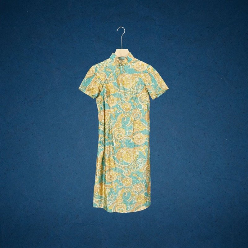 綠橘 印花 光澤感 開衩 略彈性 無內裡 古董訂製 短袖旗袍 CA1122 - 洋裝/連身裙 - 聚酯纖維 綠色
