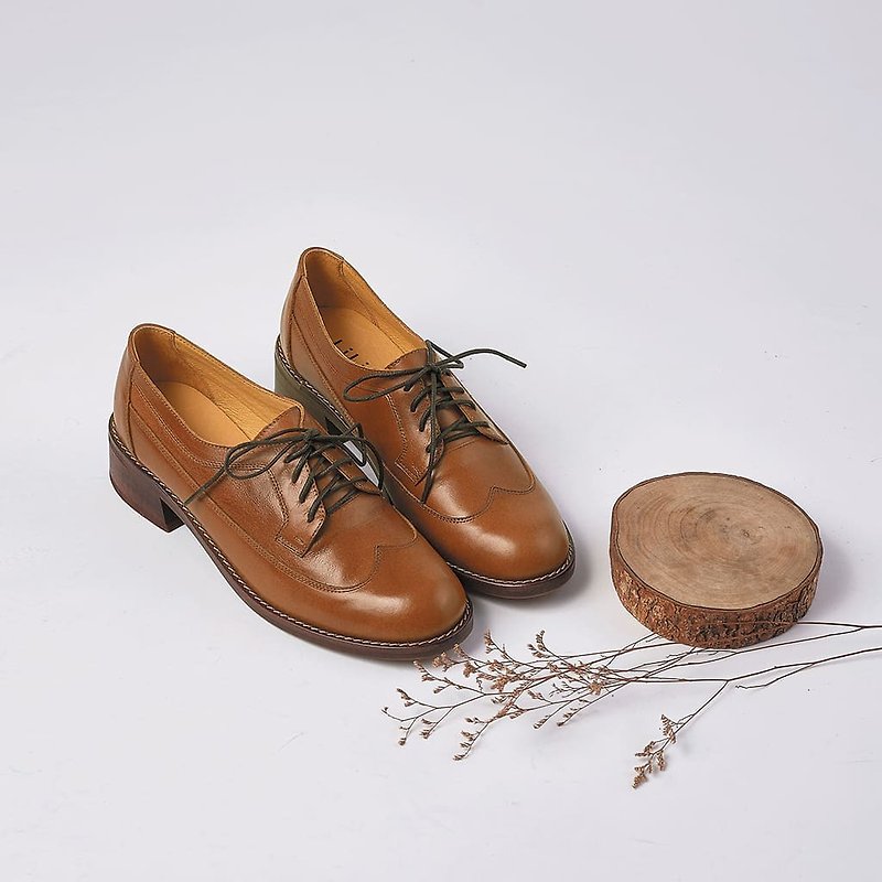 Size Zero [Italian Visit] Water Wax Leather Small Round Toe Handmade Wooden Heel Derby Shoes_Honey Brown(24/26) - Women's Leather Shoes - Genuine Leather Brown