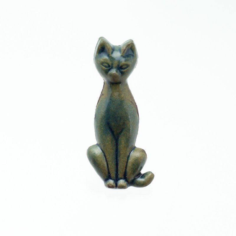 ceramics brooch cat antique blue - เข็มกลัด - ดินเผา สีเขียว