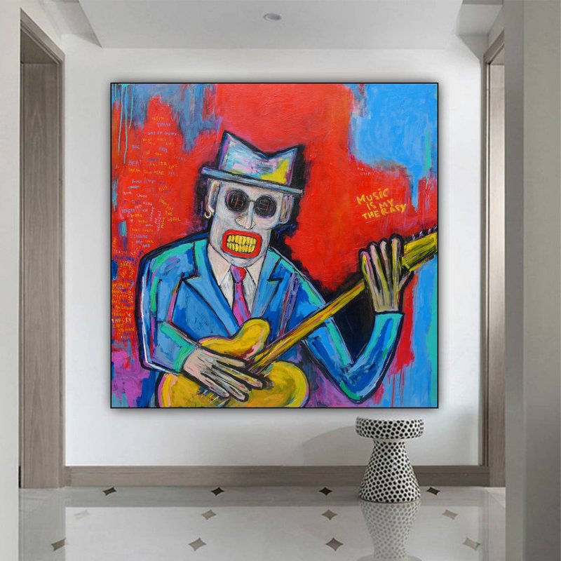 Large Abstract Musician Paintings On Canvas Blue Handmade Wall Art Textured Art - 壁貼/牆壁裝飾 - 壓克力 多色