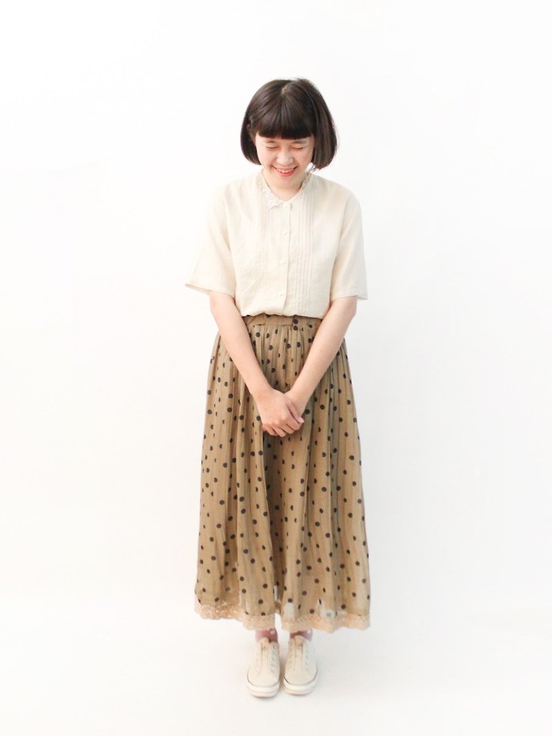 Retro Summer Brown Elastic Waist Dotted Lace Hem Old Skirt Vintage Skirt - Skirts - Polyester Khaki
