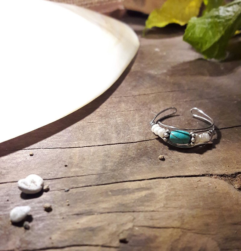 戒指。綠松石*珍珠可調式繞線不鏽鋼戒指 - 戒指 - 寶石 
