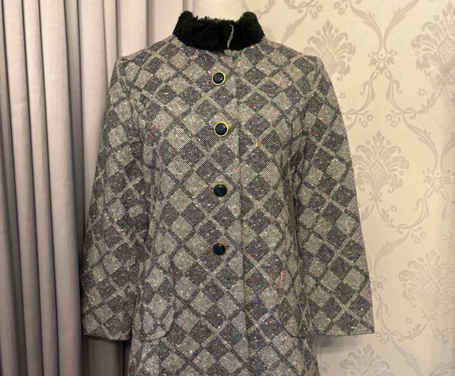 Pure wool classic gray rhombus vintage coat - Shop hidden