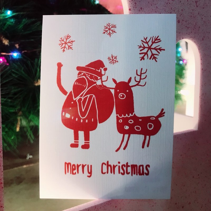 ポストカード - クリスマス - 高齢者と鹿 - カード・はがき - 紙 レッド