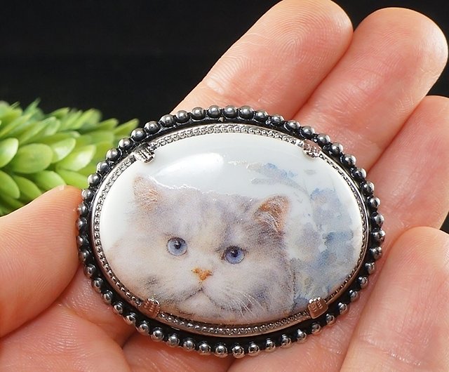 猫子猫磁器カメオピンブローチベージュ青白猫ブローチ女性ジュエリー