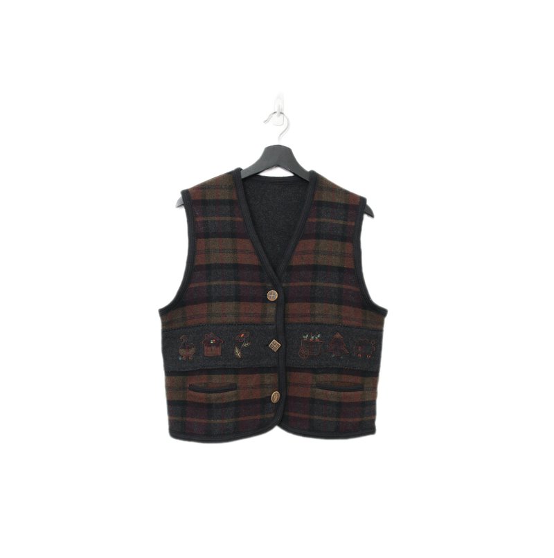 Back to Green-復古毛料背心 栗色格紋 花朵 v-25/sweater vest - 背心/無袖上衣 - 羊毛 
