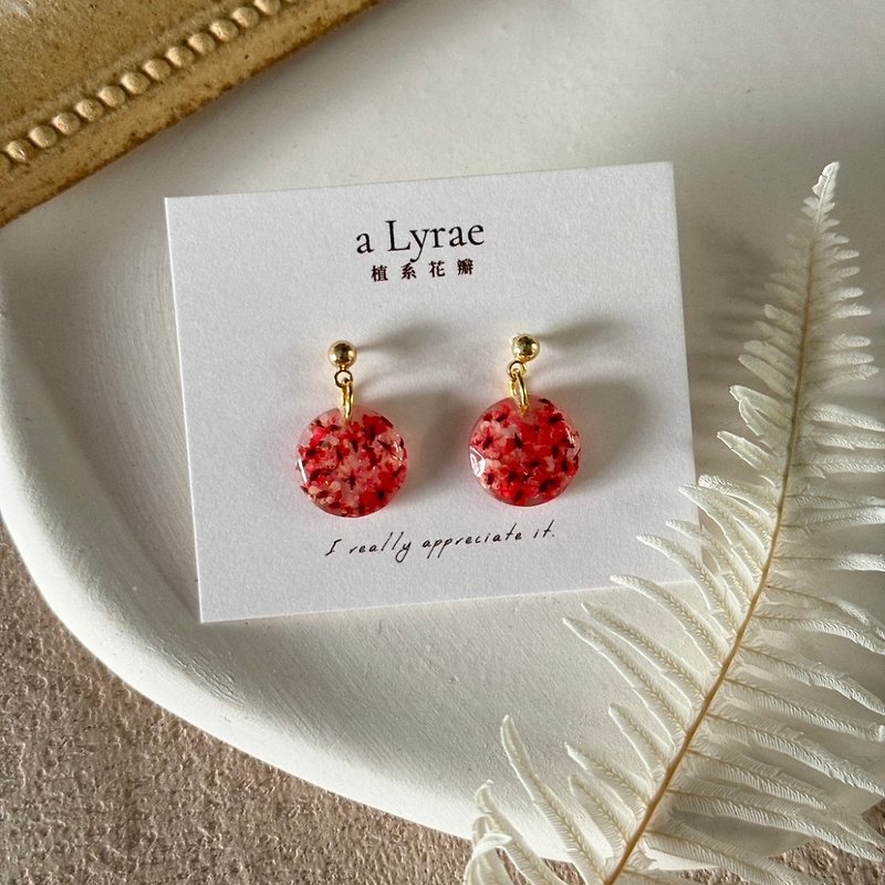 Hand-made 14k gold-plated simple earrings with full floral pattern (red) - Earrings & Clip-ons - Other Materials Red