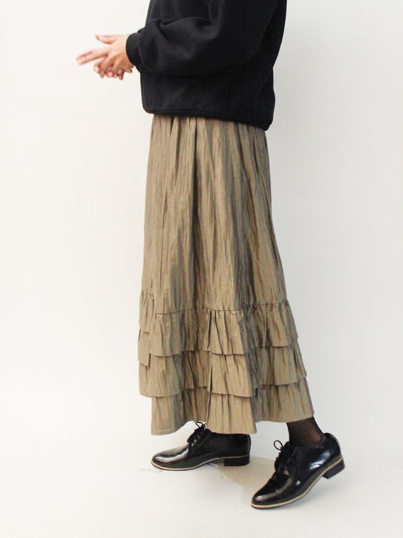 復古歐洲鄉村民族風可愛卡其色古著長裙 Vintage Skirt - 裙子/長裙 - 棉．麻 卡其色