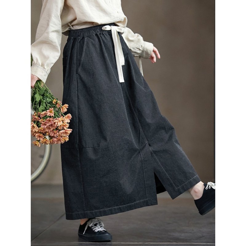 Matte black elastic waist versatile cocoon-shaped midi skirt - Skirts - Cotton & Hemp 