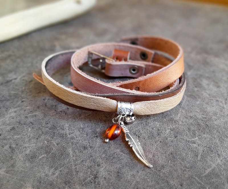 Wrap Leather Bracelet with Amber Pendant, Dangling Silver Feather and Tiny Bell - สร้อยข้อมือ - หนังแท้ สีนำ้ตาล