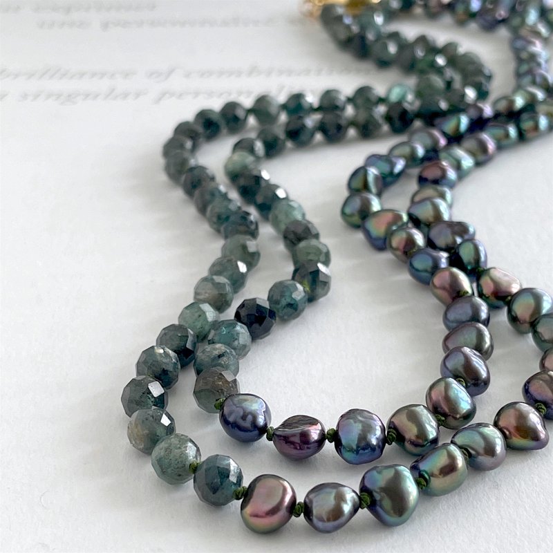 ミスティックなブルーグリーン 深緑色　淡水パールとカイヤナイトのロングネックレス　2本のみ - 項鍊 - 珍珠 綠色