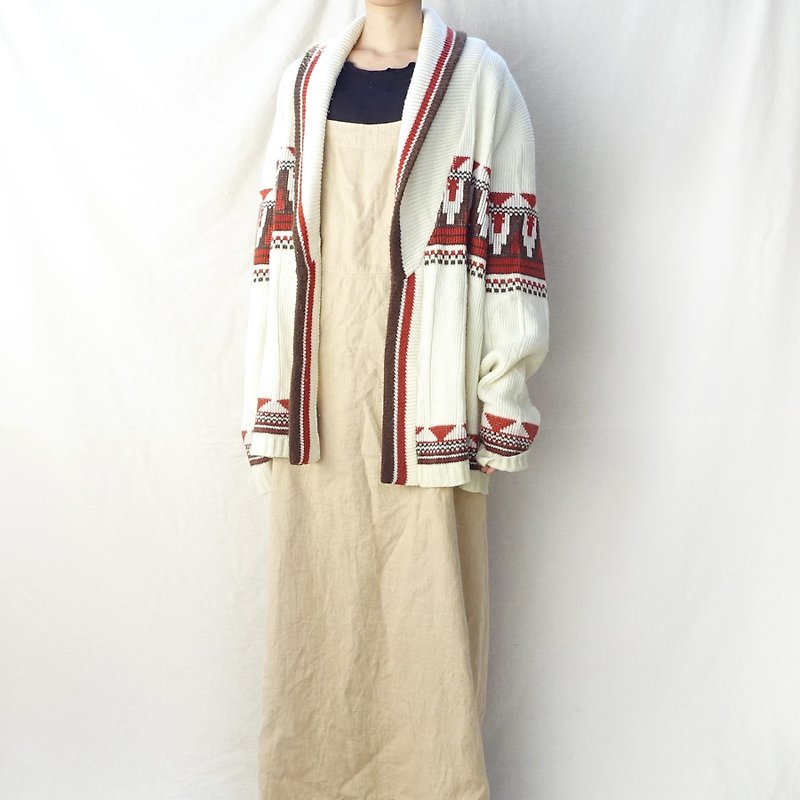 BajuTua / Vintage / 70's Southwestern Lapel Sweater (All Men and Women) - สเวตเตอร์ผู้หญิง - อะคริลิค ขาว