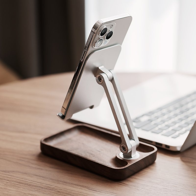 Wood and shimmer aluminum alloy log style multifunctional mobile phone tablet holder/tech Silver - ที่ตั้งมือถือ - ไม้ ขาว