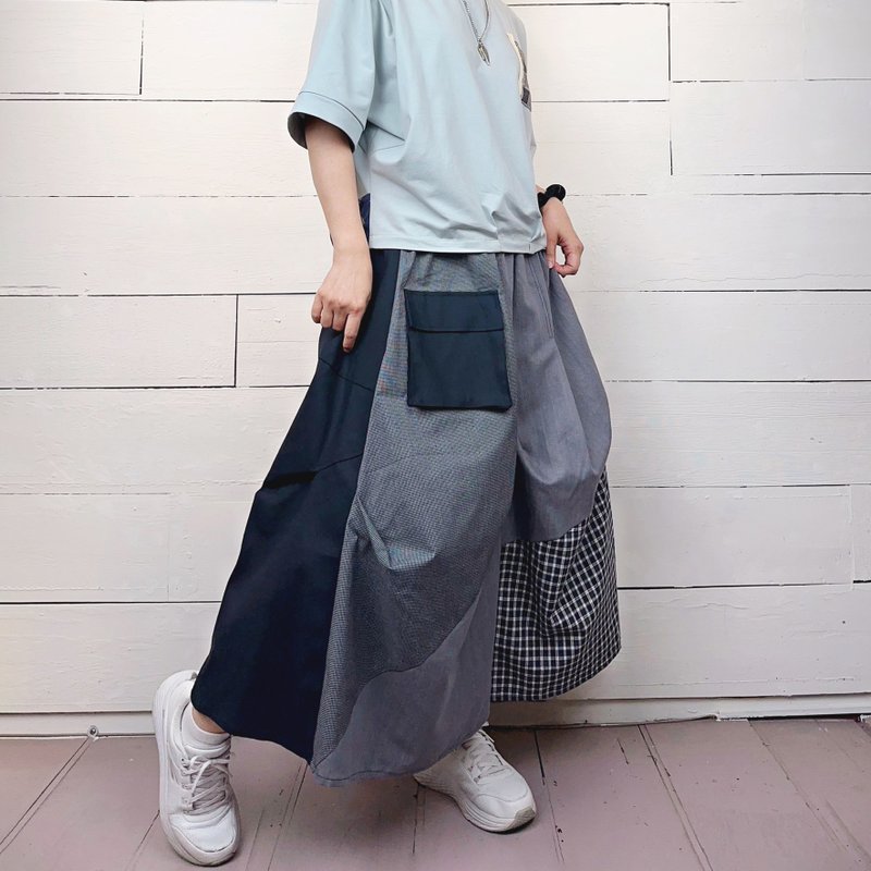 黑細黑格 - 拼接抓褶造型長裙 #T6077 - 裙子/長裙 - 棉．麻 黑色