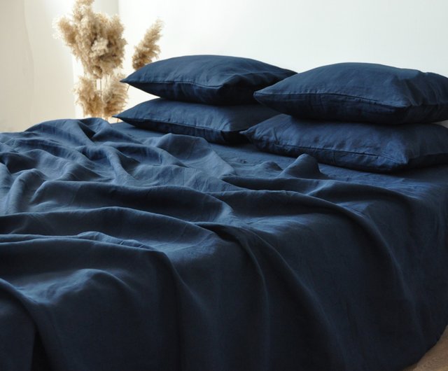 ネイビーリネンシーツセット/フラット+ボックスシーツ+枕カバー2枚