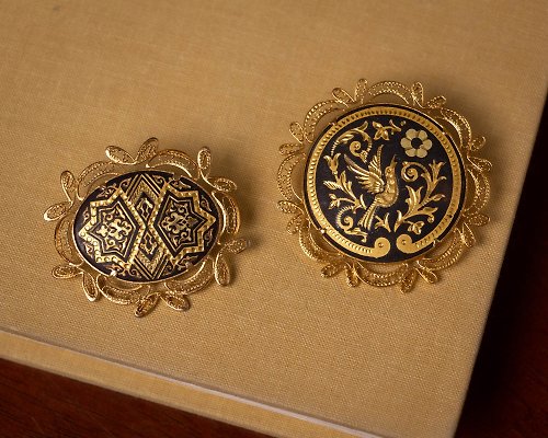 古飾案內所 西班牙古董 大馬士革24K金屬鑲嵌工藝 阿拉伯與花鳥圖騰 掐絲別針