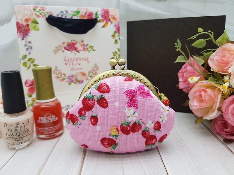 草莓 花環 口金包 零錢包 收納包 母親節 禮物 - 銀包 - 棉．麻 粉紅色