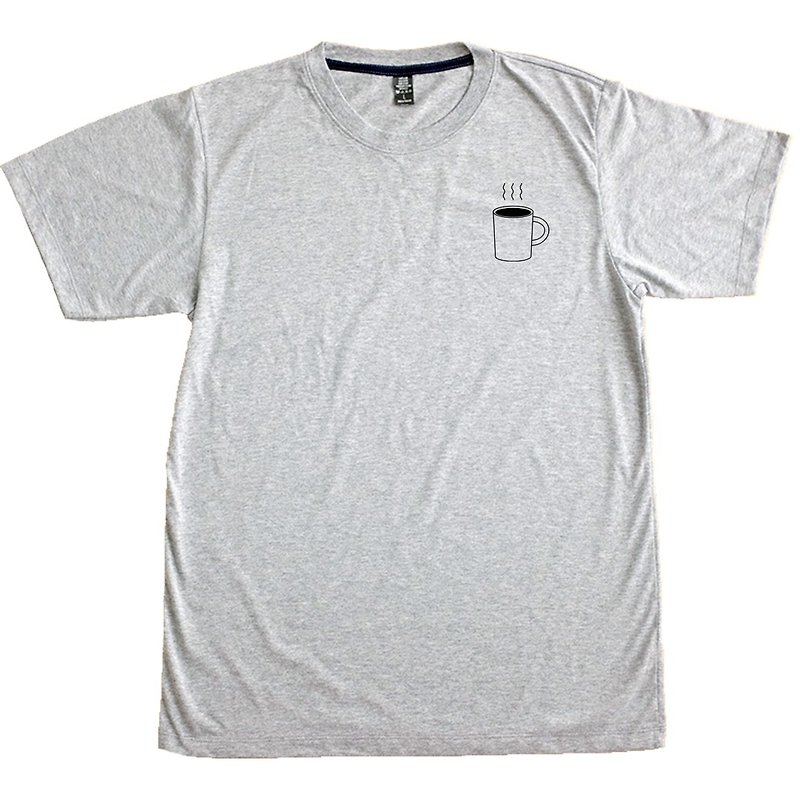 COFFEE MUG small printing short-sleeved unisex cotton t-shirt - T 恤 - 棉．麻 灰色