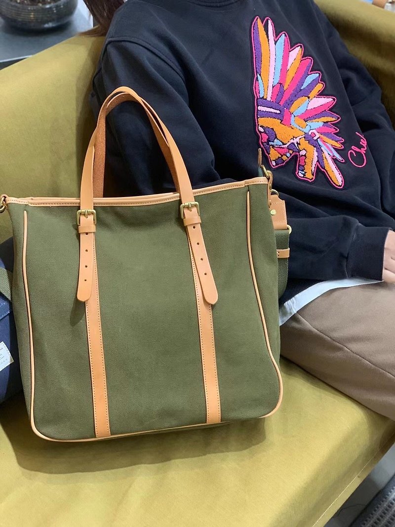 Portable messenger canvas bag + vegetable tanned cowhide/tote bag/handbag/Tote/olive green - Handbags & Totes - Genuine Leather Green