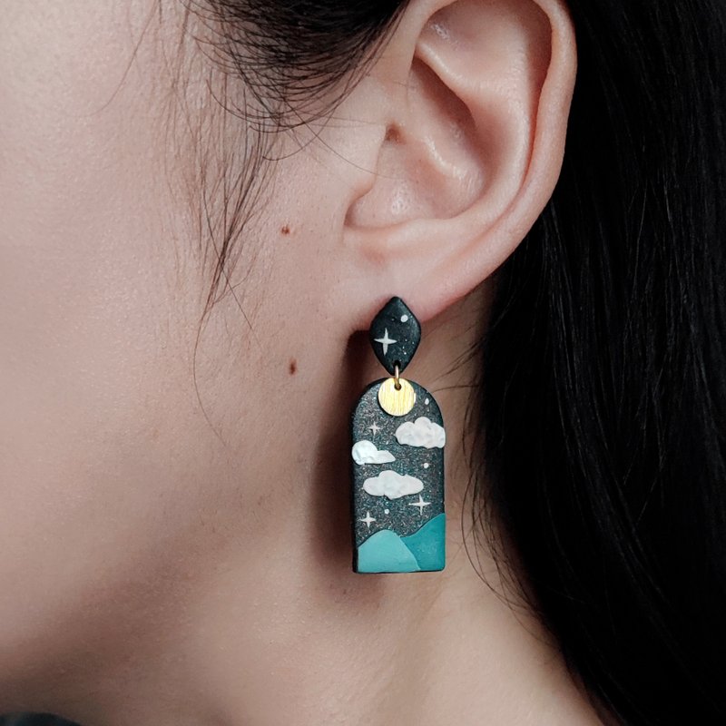 bi winter//full moon starry night round arch handmade soft clay earrings - ต่างหู - ดินเหนียว สีดำ