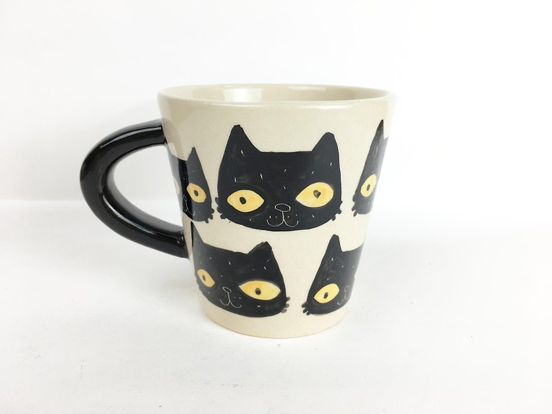 Nice Little Clay wide mouth mug full of black cat head 01061-15 - Mugs - Pottery White
