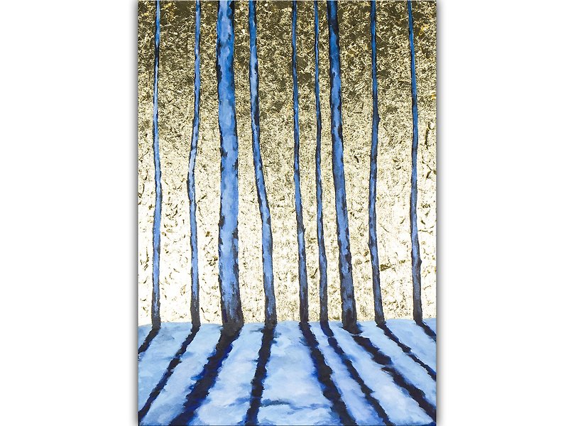 Birches Tree Painting Modern Original Art Gold Leaf and Blue Abstract Acrylic - ตกแต่งผนัง - วัสดุอื่นๆ สีทอง
