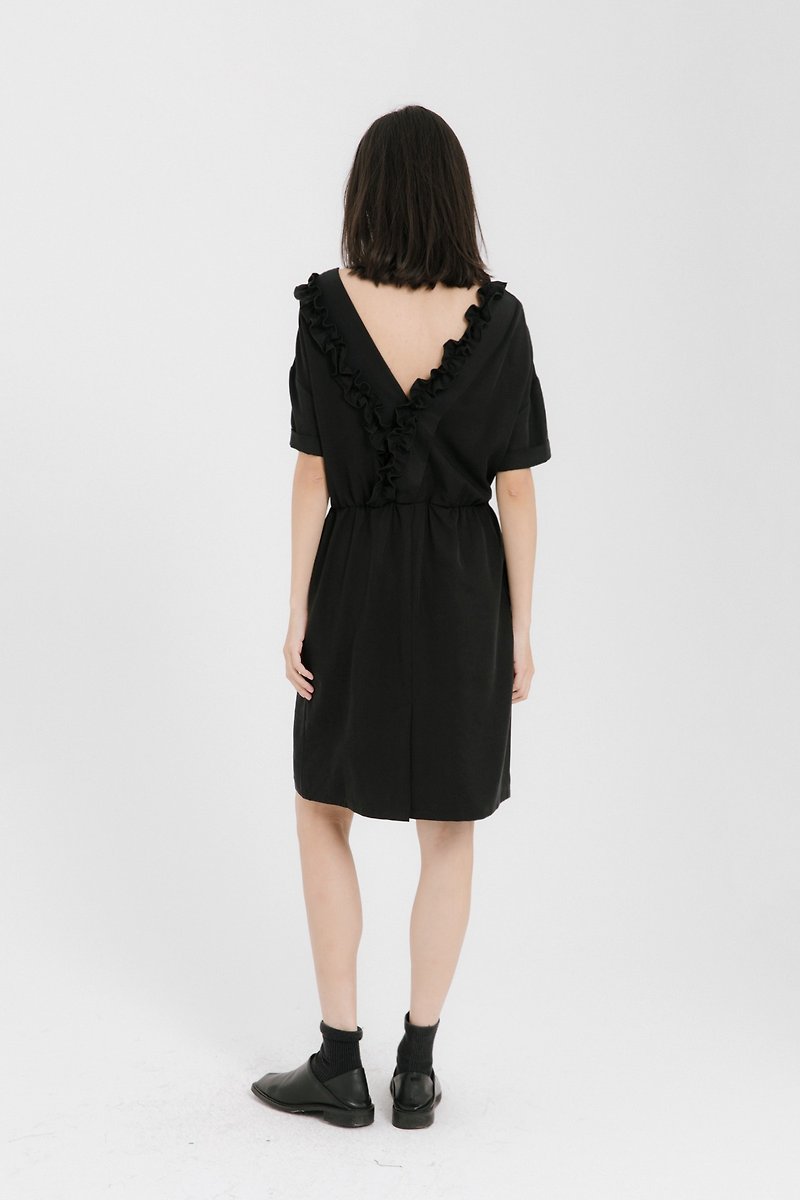 Black lace design elastic waist reversible short sleeve dress - ชุดเดรส - ผ้าฝ้าย/ผ้าลินิน สีดำ