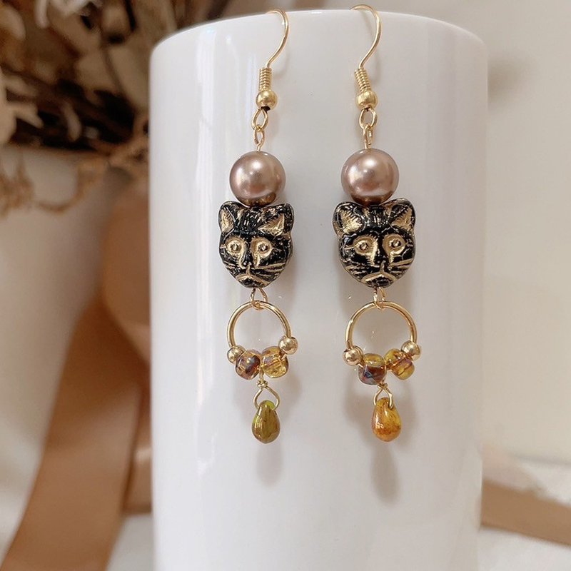 Retro Cat Bronze Earrings Cat Dancer Black Cat - ต่างหู - ทองแดงทองเหลือง สีดำ