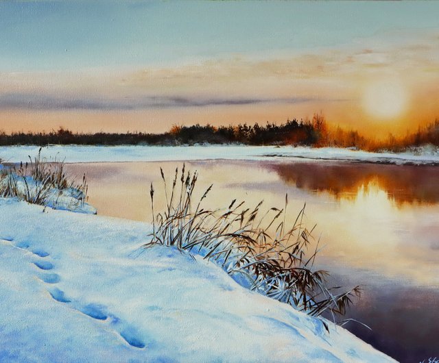 オリジナル油絵冬の夕日、冷ややかな夜の風景ウォールアート、自然 - ショップ GalleryPaintingsArt ウォールデコ・壁紙 -  Pinkoi