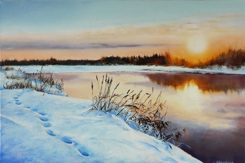 GalleryPaintingsArt Original Oil Painting Winter Sunset, Frosty Evening Landscape Wall Art, Nature