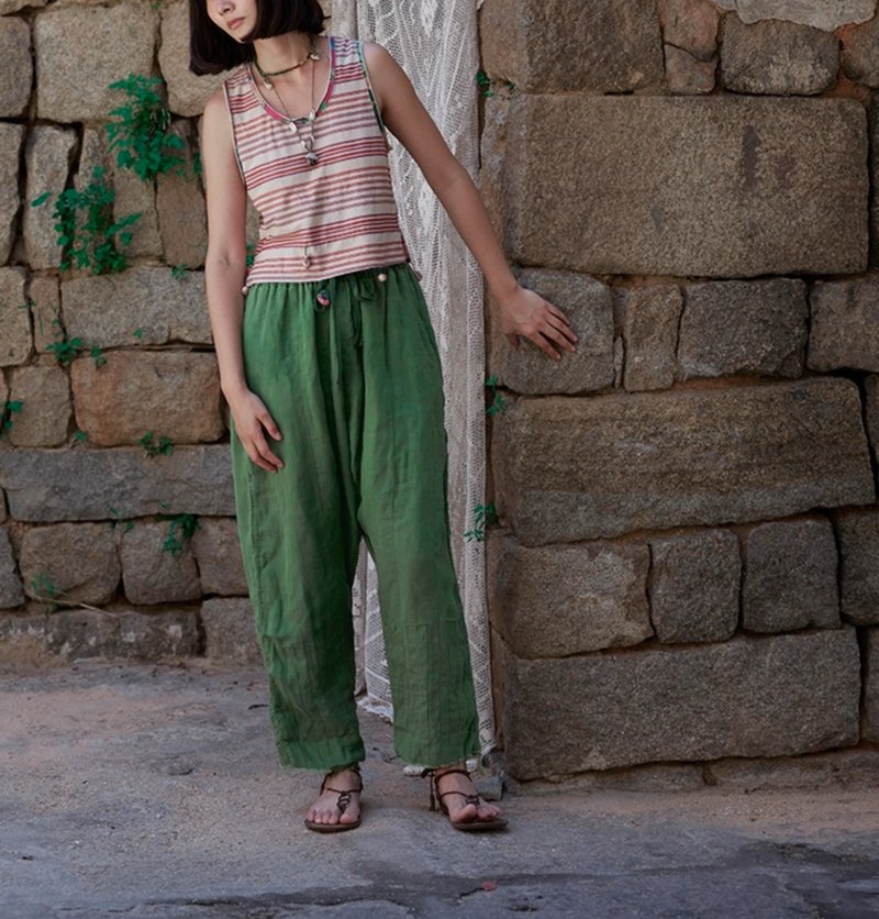 Retro style linen straight casual trousers - Women's Pants - Other Materials Green