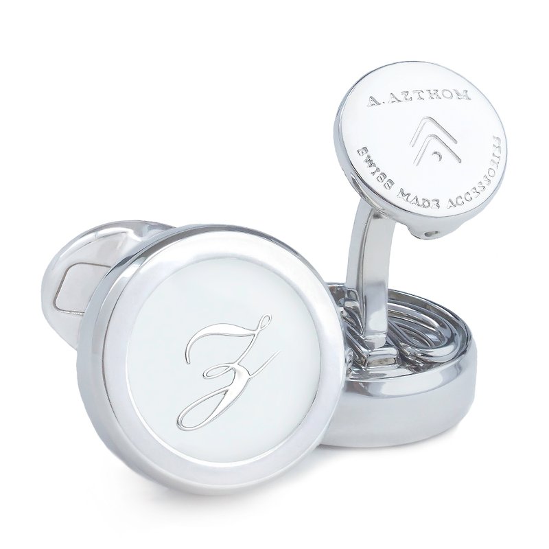 Monogram White Silver Cufflinks with Clip-on Button Covers (Z) - กระดุมข้อมือ - โลหะ สีเงิน