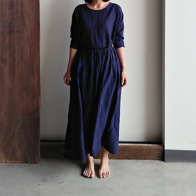 Dress NO.3 linen dark blue - ชุดเดรส - ผ้าฝ้าย/ผ้าลินิน สีน้ำเงิน