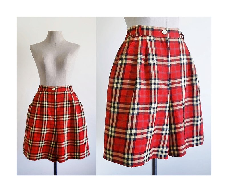 Vintage Yellow Red Plaid Shorts - Women's Shorts - Other Materials Red