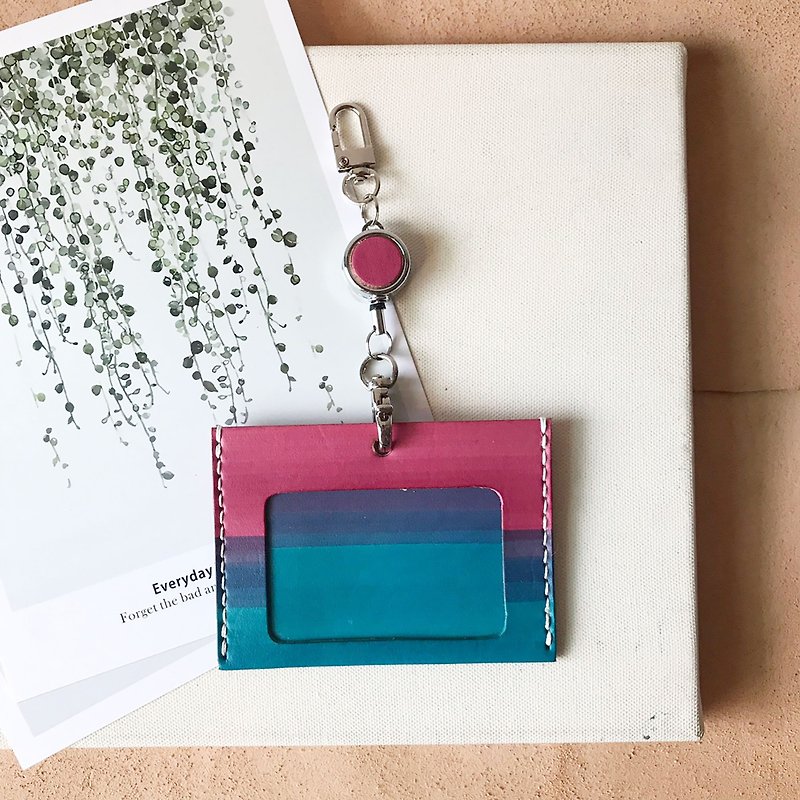 Identification Card Holder_Horizontal_Double Card Layer_Retractable Hook_Rouge Powder Gradient Lyon Blue - ID & Badge Holders - Genuine Leather Pink