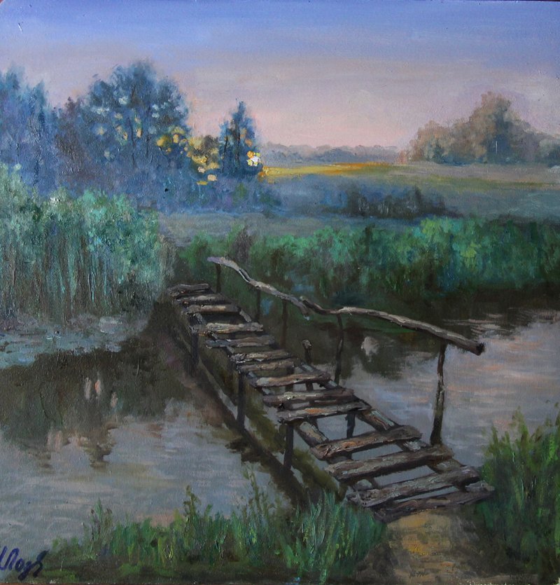 Sunset painting Landscape Original art scenery Bridge River artwork - 壁貼/牆壁裝飾 - 其他材質 多色
