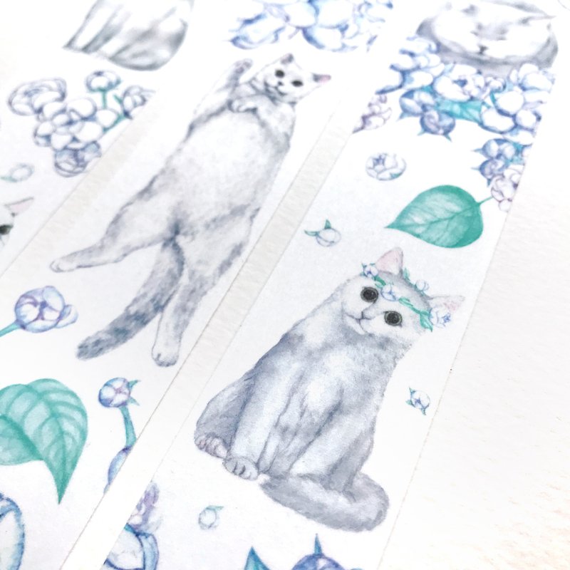 Pure white flowers and cat paper tape Lazy gray cat cute blue cat - Washi Tape - Paper White