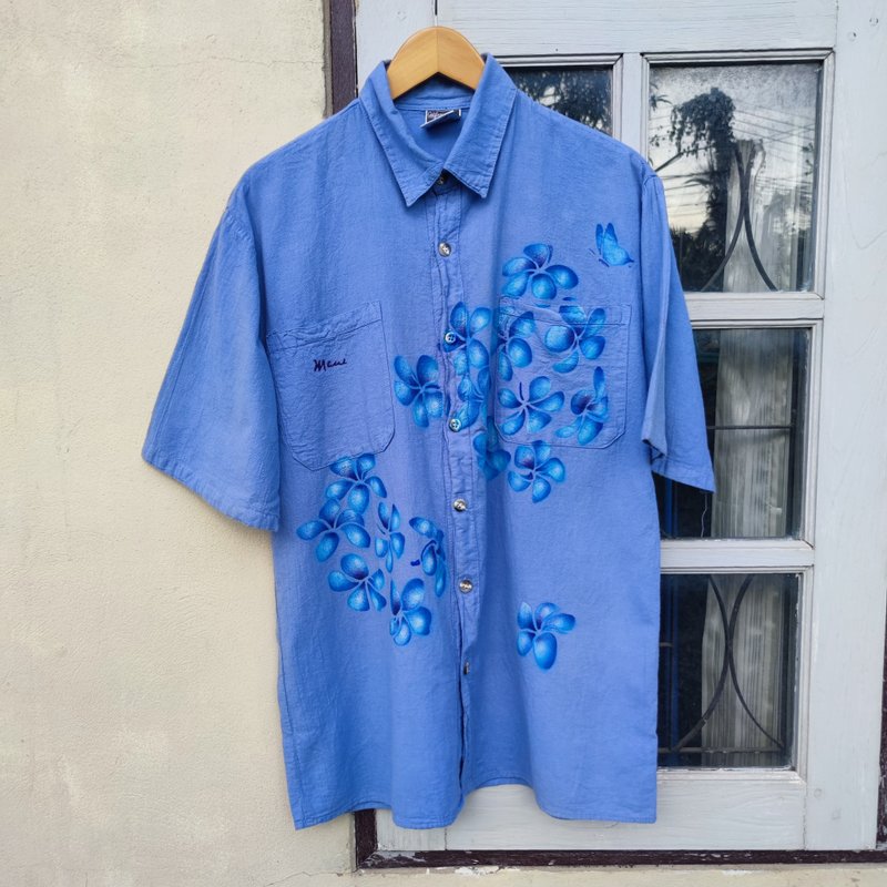 Vintage California Drawstring geranium flower Hand Painted Hawaiian Shirt - เสื้อเชิ้ตผู้ชาย - ผ้าฝ้าย/ผ้าลินิน สีม่วง