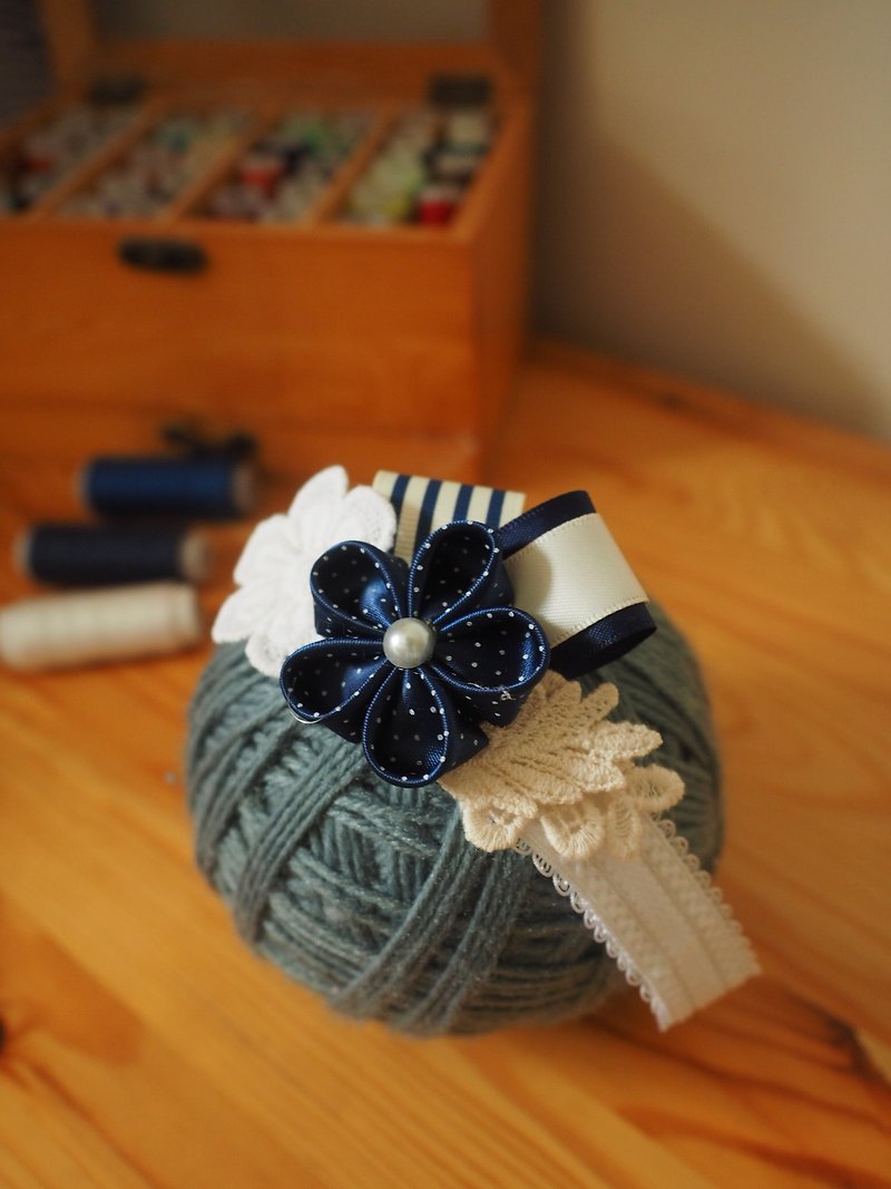 手作りの女の赤ちゃんブルーレースリボン寄木細工弾性ゴムバンド帽子 - 帽子・ヘアバンド - コットン・麻 ブルー