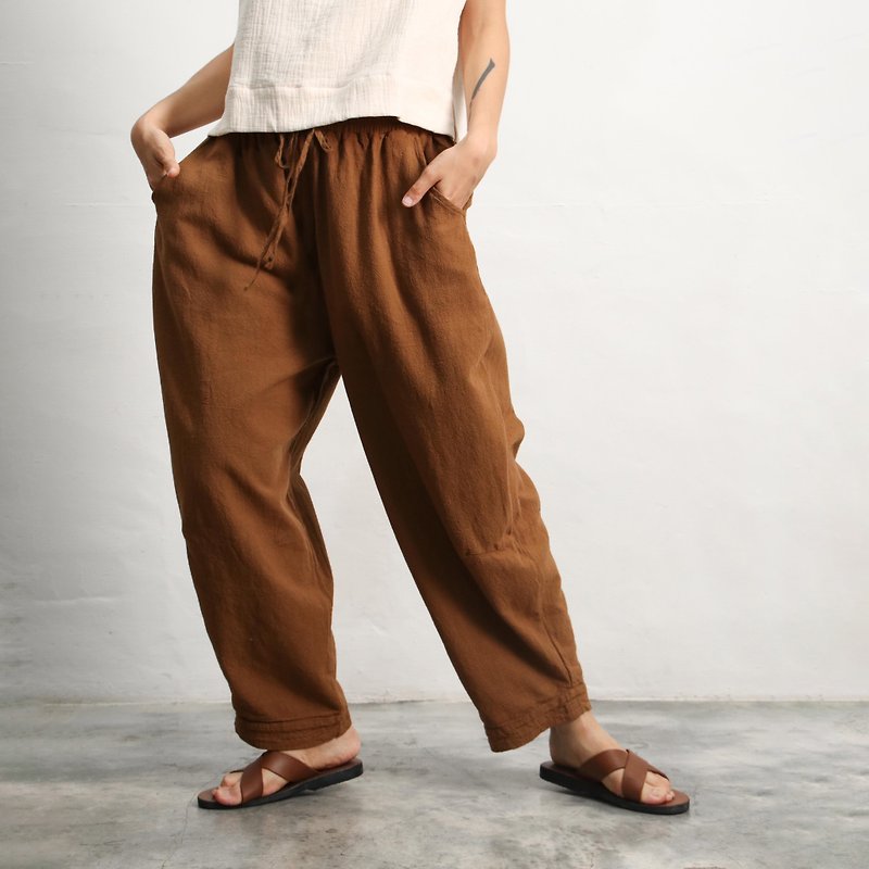 Drawstring elastic balloon pants khaki - กางเกงขายาว - ผ้าฝ้าย/ผ้าลินิน สีกากี
