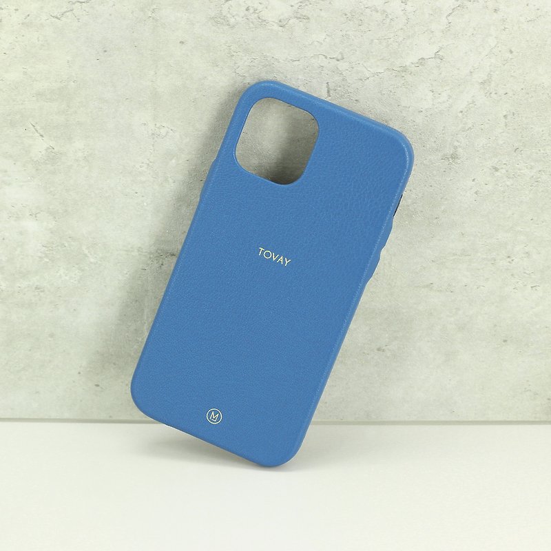 客製化禮物手造真皮革馬卡龍天藍色iPhone 13手機殼 男朋友 - 手機殼/手機套 - 真皮 藍色