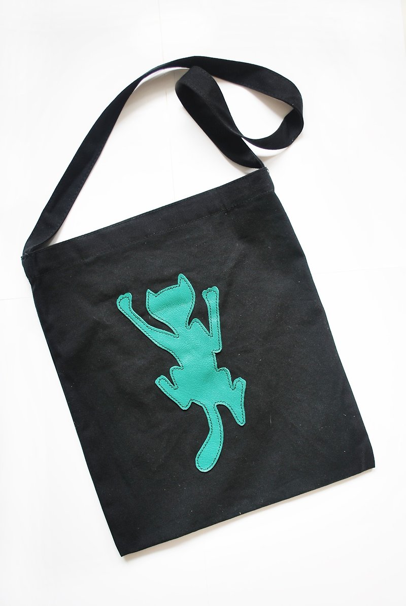 Cat sheepskin canvas bag / Messenger bag - Messenger Bags & Sling Bags - Genuine Leather Black