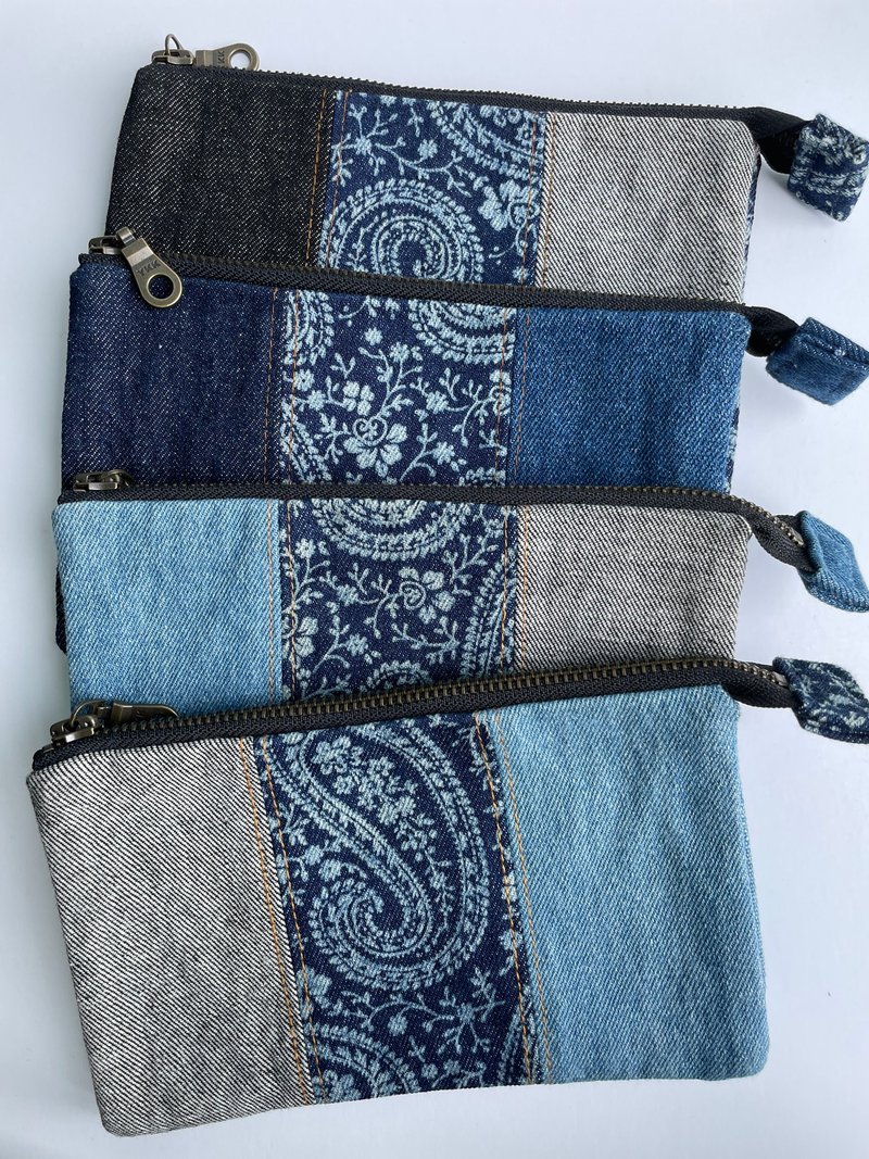 Three compartment storage bag denim patchwork storage bag denim patchwork pencil case denim patchwork sundries bag - กระเป๋าเครื่องสำอาง - ผ้าฝ้าย/ผ้าลินิน สีน้ำเงิน